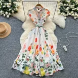 Polo Neck Short Sleeve Dress for Women Slim Fit Waist Design Floral Print Summer Casual Wear