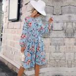 Floral Print Long Sleeve Dress Blue Pleated Round Neck Autumn Winter Fashion Wholesale Available