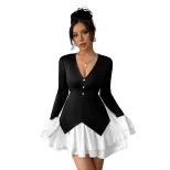 Color Block Long Sleeve Dress Black and White Casual Dating or Spring Fall Wear Wholesale Availa