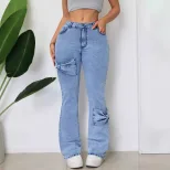 High Waisted Flared Jeans Stretch Denim Washed Finish Comfortable Fit Casual Wear for Women Whol