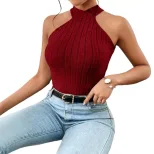 Fashionable Sleeveless Ribbed T Shirt Backless Halter Neck Bodycon Fit Summer Casual Wear Wholes