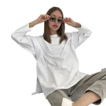 Loose Fit Long Sleeve Split T Shirt for Women 100 Cotton Solid Color Casual Style Spring Summer