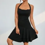 Knitted Halter Neck Backless Dress Double Layer Hem Elegant Design Fashionable for Parties Whole