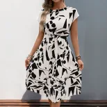 Elegant Abstract Print Pleated Dress Casual Beach Vacation Style Perfect for Summer Events Whole