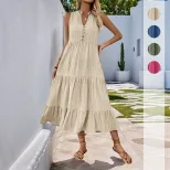 Summer Casual Midi Dress Button Detail Solid Color V Neck Sleeveless Perfect for Everyday Wear W