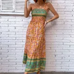 Bohemian Floral Print Ruffle Hem Maxi Dress Summer Style Lightweight Fabric Elegant Draping Whol