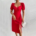 Red A Line Dress with Square Neck Ruffled Bust and Puff Sleeves Trendy for Parties and Events Wh
