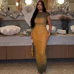 Color Block Gradient Ruched Bodycon Dress Elegant Long Silhouette Round Neck Slim Fit Perfect fo
