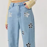 Loose Fit Wide Leg Jeans Floral Hollow Design Casual Style Womens Fashion for Spring Summer Whol