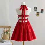 Red Backless Mini Dress Sexy Halter Neck Summer Fashion Lightweight Fabric Perfect for Parties a