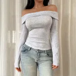 Slim Fit Long Sleeve Top Solid Color Off Shoulder Design Stylish for Spring and Autumn Wholesale