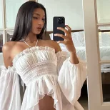 Off Shoulder Ruffled Blouse Slim Fit Lantern Sleeves Wrinkled Fabric Spring Fashion Wholesale Av