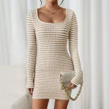 Womens Bodycon Dress Solid Color U Neck Long Sleeve Striped Skirt Spring Summer Fashion Wholesal