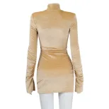 High Neck Long Sleeve Velvet Dress Shoulder Pads Pleated Design Elegant Style Autumn Winter Fash