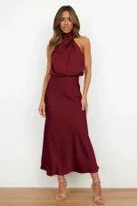 Sleeveless Satin Dress Elegant Solid Color Lightweight Fabric Spring Summer Evening Wear Wholesa