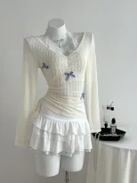Lace Bow Tie Neck Long Sleeve T Shirt Slim Fit Elegant Design Comfortable Fabric Perfect for Cas