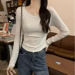 Womens Long Sleeve T Shirt Slim Fit Ruched Design Versatile Casual Top for Autumn Winter