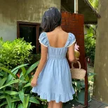 跨境外贸夏季法式方领泡泡袖连衣裙女收腰显瘦蕾丝花边 A 字短裙