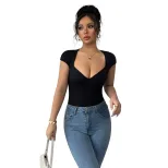 Summer Womens Short Sleeve T Shirt Slim Fit Heart Neckline Solid Color Polyester Fabric Casual W