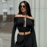 Womens Long Sleeve Off Shoulder Crop Top Solid Color Hollow Out Lace Up Design Trendy Autumn Fas