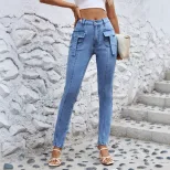 Womens Stretchy Casual Denim Cargo Pants Versatile Design Comfortable Fit Trendy Style Perfect f