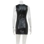 PU Leather Bodycon Mini Dress Solid Color Sleeveless Slim Fit Spring Summer Fashion for Parties