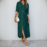 Summer Shirt Dress V Neck Tie Waist Mid Sleeve Green Casual Wear for Women Wholesale Available