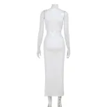 Sleeveless Hollow Out Dress Metallic Accents Solid Color Sexy Split Design Nightclub Wear for Wo