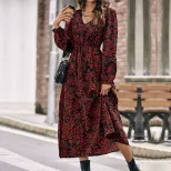 Red Floral Long Sleeve Maxi Dress Elegant Design Autumn Spring Fashion Perfect for Casual or For