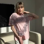 Womens Ruffled Heart Design T Shirt Soft Cotton Loose Fit Round Neck Stylish Layered Look Casual