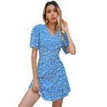 Floral Print Dress Blue Color Button Detail Summer Style Perfect for Casual Outings Wholesale Av