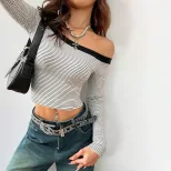 Striped Off Shoulder Long Sleeve T Shirt for Women Slim Fit Sexy Short Length Fall Layering Top