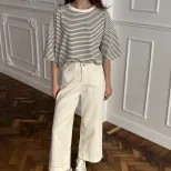 Womens Black and White Striped Short Sleeve T Shirt Color Block Loose Fit Round Neck Casual Top