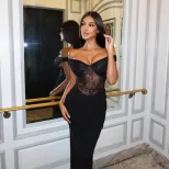 Black Lace Panel Bodycon Dress Off Shoulder Slim Fit Elegant Style Perfect for Parties and Speci