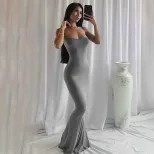 Womens Solid Color Bodycon Maxi Dress Spaghetti Straps Mermaid Hem Peach Butt Lift Elegant Eveni