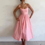 Elegant Womens Midi Dress Slim Fit Low Cut Spaghetti Straps Flared Skirt Office Wear or Evening