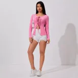 Womens Sexy Tie Front Cardigan T Shirt Elegant Design Spring Summer Style Vivid Fuchsia Color Wh