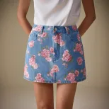 Floral Print Denim Mini Skirt Casual Style Versatile Design Fashionable Rose Pattern Perfect for