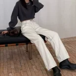 跨境伊白色高腰明线牛仔裤女美式复古学生小众宽松春秋直筒长裤子