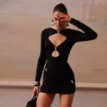 Long Sleeve Bodycon Dress Hollow Out Design Solid Color Elegant Style Perfect for Spring Occasio