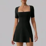 Elegant A Line Dress with Square Neckline Sexy Split Hem Waist Cinching Design Perfect for Parti