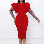 Plus Size Womens Dress Mesh Panel Pleated Design Elegant Office Style Autumn Winter Collection W