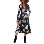 Floral Print Long Sleeve Dress V Neck Autumn Style Elegant Design Wholesale Womens Apparel low M