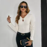 Womens Fitted Long Sleeve T Shirt Waffle Fabric Solid Color Elegant Style Spring Summer Casual W