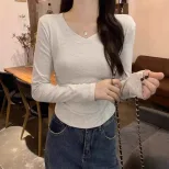 Womens Long Sleeve T Shirt Slim Fit Ruched Design Versatile Casual Top for Autumn Winter