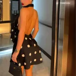 Summer Sexy Backless Deep V Polka Dot Mini Dress Halter Neck Figure Hugging A Line Trendy for Parties Wholesale