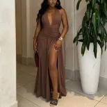Sleeveless Deep V Neck Split Back Dress Solid Color High Slit Waist Defining Elegant Style Perfe
