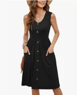Sleeveless V Neck Dress Solid Color Button Pocket Casual Style Perfect for Summer Events Wholesa