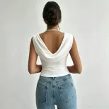 欧美跨境夏季新款荡领无袖T 恤收腰显瘦纯欲风百搭短款上衣女