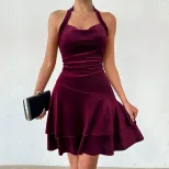 Velvet Halter Mini Dress Sexy Elegant Comfortable Spring Summer Party Wear Wholesale Available